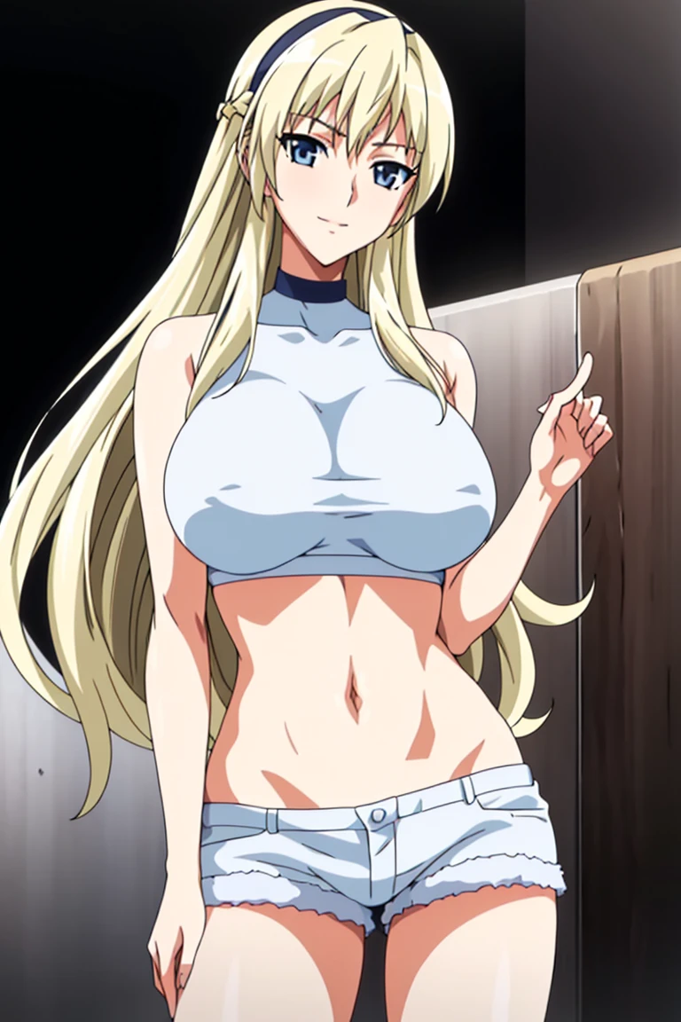 Simple White Background, at attention,
navel,halterneck,crop top,bare shoulders,
bangs,blonde hair,hair between eyes, hairband, long hair,Blue_Eyes,
1 girl, 20yo,Young female,Beautiful Finger,Beautiful long legs,Beautiful body,Beautiful Nose,Beautiful character design, perfect eyes, perfect face,expressive eyes,perfect balance,
looking at viewer,(Focus on her face),closed mouth, (innocent_big_eyes:1.0),Light_Smile,
official art,extremely detailed CG unity 8k wallpaper, perfect lighting,Colorful, Bright_Front_face_Lighting,shiny skin,
(masterpiece:1.0),(best_quality:1.0), ultra high res,4K,ultra-detailed,
photography, 8K, HDR, highres, absurdres:1.2, Kodak portra 400, film grain, blurry background, bokeh:1.2, lens flare, (vibrant_color:1.2),professional photograph,
(Beautiful,large_Breasts:1.4), (beautiful_face:1.5),(narrow_waist), shorts, horny