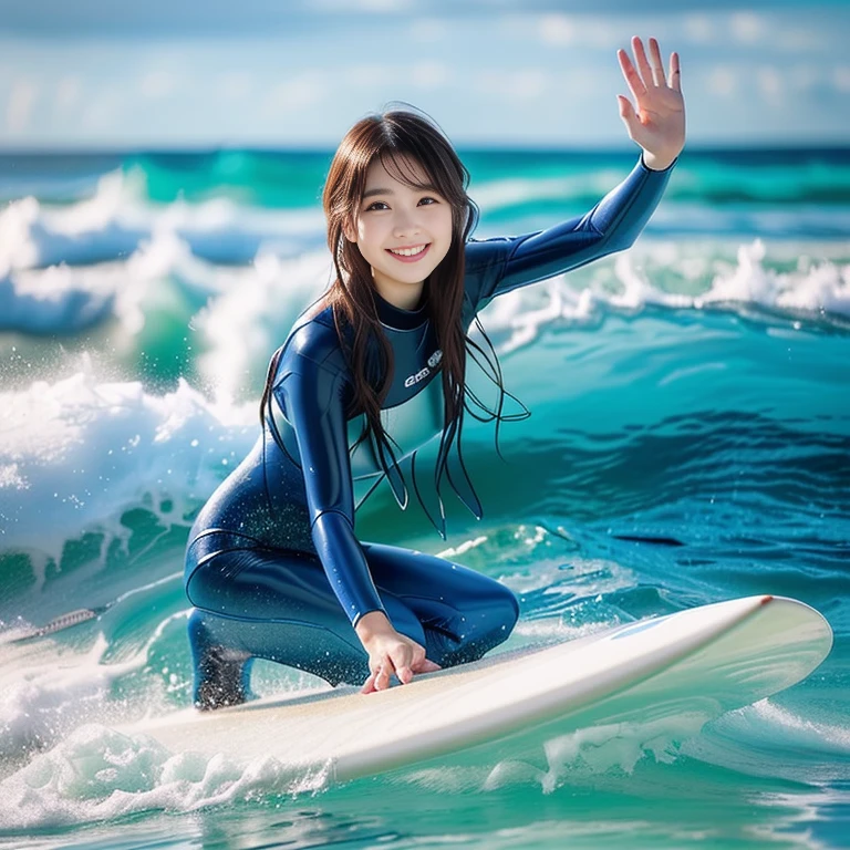 Photo-realistic quality、A surfer in a wetsuit riding a wave on a surfboard in the ocean, surfing,Beautiful Japanese Model、Standing on a surfboard, wave hands, Lovely lady, Cute Woman, wave hands and smiling,Detailed and beautiful eyes、Cute smile、A soft and gentle look、looking at the camera