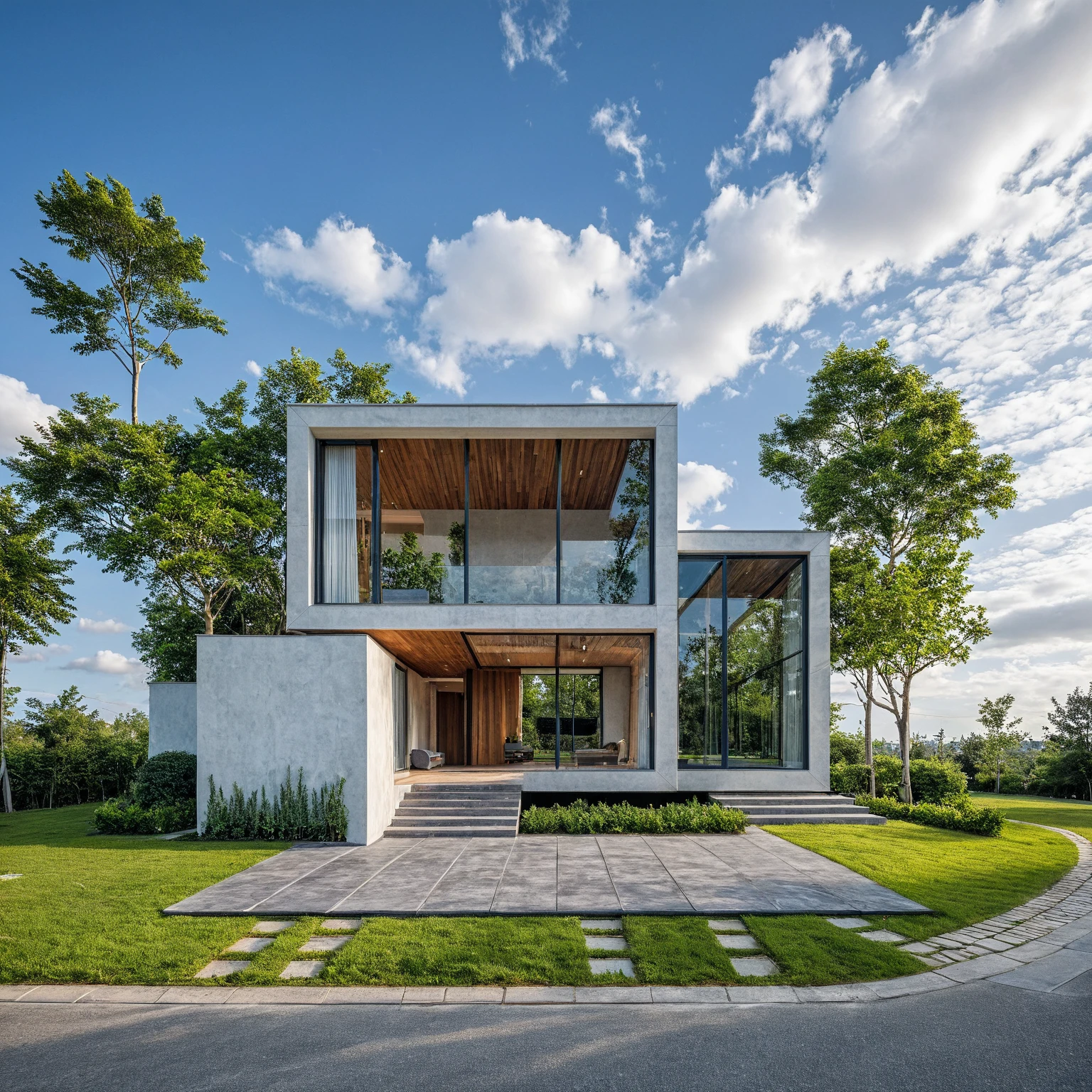 Masterpiece, 4k pixcel, high quality, best quality, authentic, super detail, outdoors, onestoreyvillaXL, aiaigroup, house style modern on the street ,stairs, white wall ,road,pavement, grass, trees, sky, cloud, (daylight:1.1)
