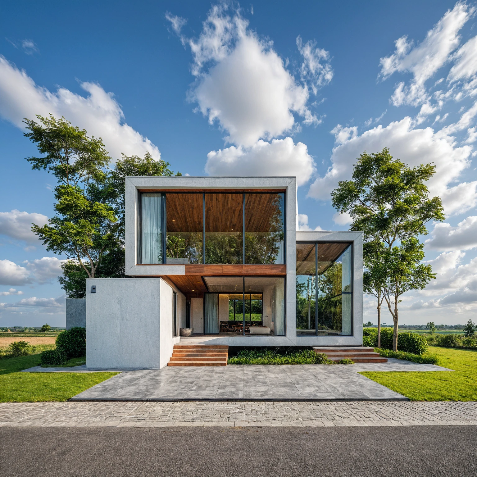 Masterpiece, 4k pixcel, high quality, best quality, authentic, super detail, outdoors, onestoreyvillaXL, aiaigroup, house style modern on the street ,stairs, white wall ,road,pavement, grass, trees, sky, cloud, (daylight:1.1)