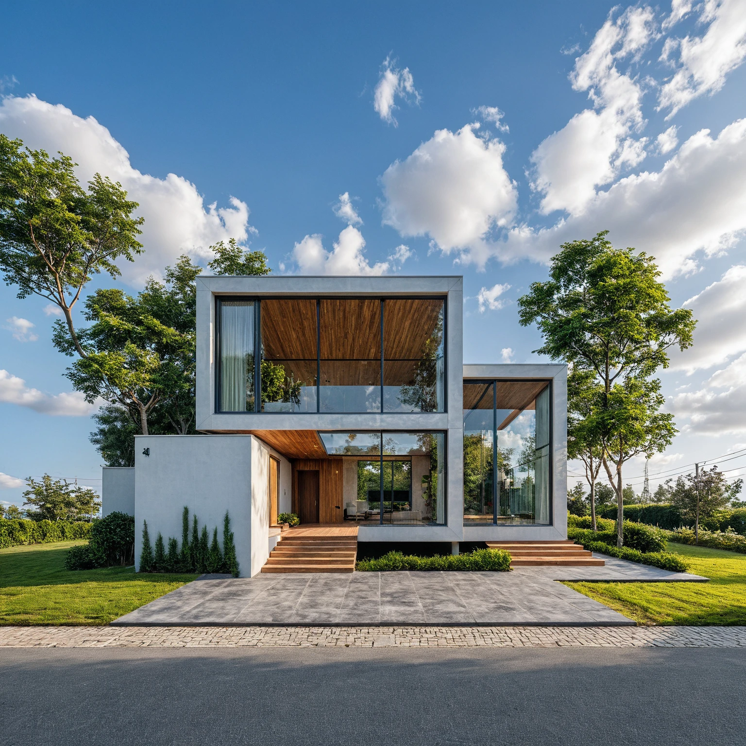 Masterpiece, 4k pixcel, high quality, best quality, authentic, super detail, outdoors, onestoreyvillaXL, aiaigroup, house style modern on the street ,stairs, white wall ,road,pavement, grass, trees, sky, cloud, (daylight:1.1)