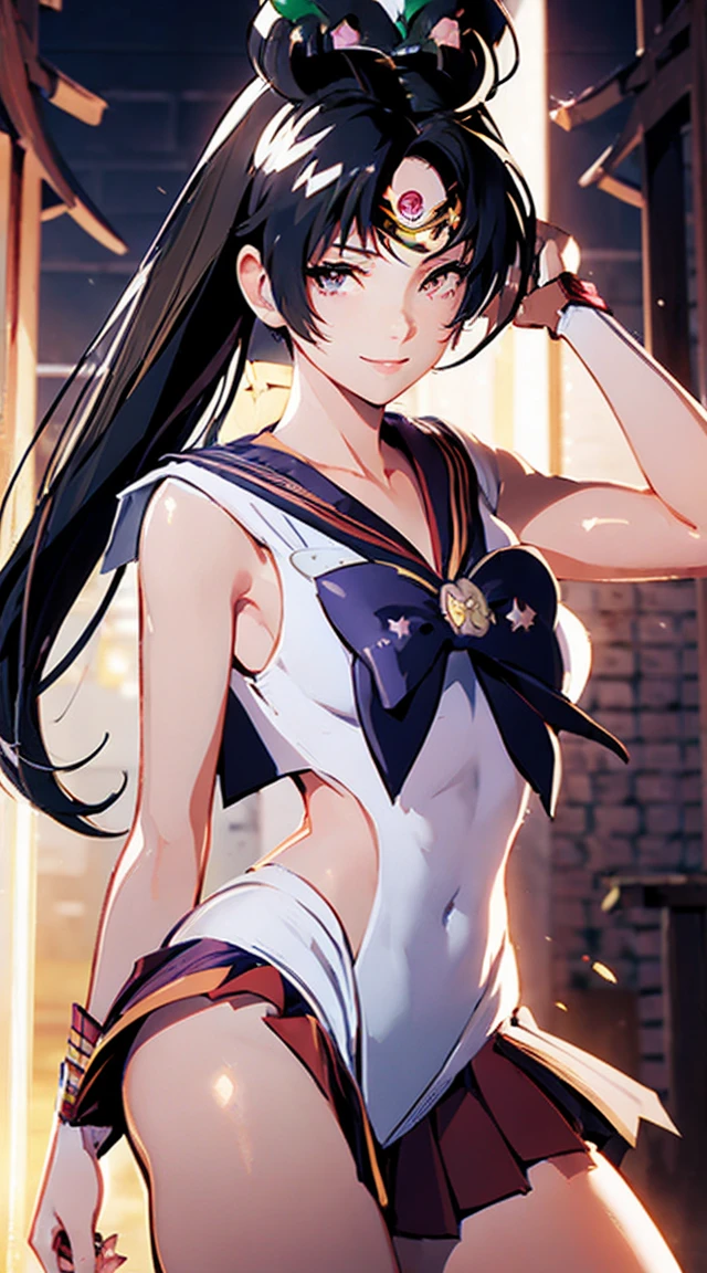 (((Sailor Pluto:1.6)))、smile, View your viewers, (((Sailor Warrior Uniforms:1.8))), skirt, gloves、((8K)), ((32k)), ((Highest quality)), ((masterpiece)), ((超High resolution)), ((Tmasterpiece)), (((head shot:1.6)))、((8K)), ((32k)), ((Highest quality)), ((masterpiece)), ((超High resolution)), Fine skin、Expose your shoulders、魅惑的なsmile、Brown Hair, Brown eyes, Long and high ponytail、1 person、Age 25, Japanese Mature, beautiful指, beautiful長い脚, beautiful体, beautiful鼻, beautifulキャラクターデザイン, Perfect Eyes, Perfect Face, jewelry, See through, smile、hair ornaments, king of fighters、 (Tabletop, Highest qualityの, Highest quality, beautifully、beautiful: 1.2), Very detailed, More detailed,適切な体のProfessionalポーション,Tabletop,Ultra-high quality output images,High resolution,Intricate details,Very delicate and beautiful hair,Realistic photos,dream-like,Professionalの照明,Realistic Shadows,Focus Only, (Big Breasts:1.2,) , フローティングskirtFine skinの質感, High quality fabric, High quality metallic texture、((Beautiful and dense face))、RAW Photos、Professional, Ultra-fine painting, ((alone)), beautiful胸、Highest quality, Very detailed, Very detailed詳細, Finer details, so beautiful,(Five Fingers, Four fingers and thumb),Concept Art, Anime fantasy artwork, Detailed fantasy art,8KHigh resolution, Detailed Art, 8 Slim legs, Defined, Defined fingers