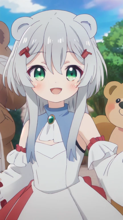 Highest quality, masterpiece, High resolution, alone, {Misaana Farrengram (Kuma Kuma Kuma Bear)}, bangs,  green_eye, smile, blush, Open_mouth, One girl, Parody, dress, silver hair,