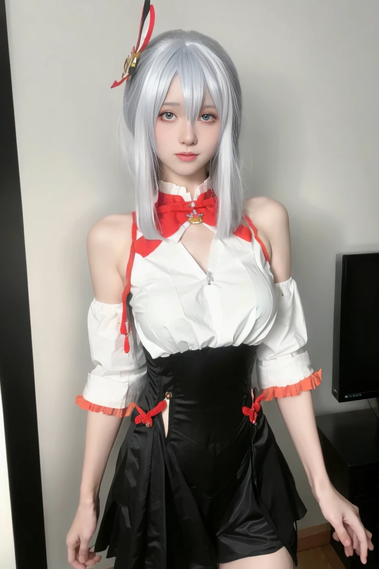 best quality, tmasterpiece,Ultra-high resolution,Clear face,(Reality:1.4),ferpect lighting, (upper body photo), (photorealistic:1.50), anime wallpaper, Guviz style artwork, cover-up fantasy up to magic , by Yang J, Guviz, beautiful artwork illustration, beautiful digital artwork, beautiful digital illustration, Li Song, beautiful anime portrait, art style in Beauvot, 1girl, indoors, soft lighting, absurdres, looking at the audience, 独奏, ponytail, serafuku, official art, formal alternative costume, blunt bangs, hair bands, hair bands, red ribbons, sailor shirts, sailor collars, pleated skirts, petticoats, black ribbon, cate, Looking viwer, Bare shoulders,