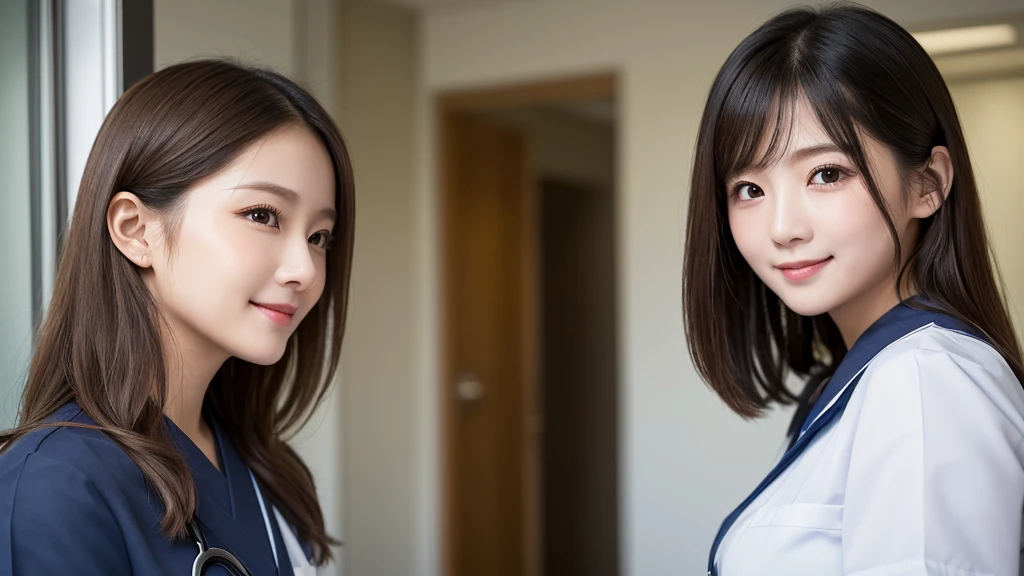 (2 Girls )、(Beautiful Japanese,round face、Refreshing、clear、seems kind、stylish、Pitiful、cute like an angel、cute、black eyes、(Single eyelid:1.3)、Beautiful skin), {(Japan human face:1.4),(General facial features)} , (((Beautiful breasts:0.4))),(((soft breasts))),(very cute),(,black hair,),(enchanting eyes),(highlight on eyes:1.2)、(8K、Live shooting、highest quality、masterpiece:1.2、optimal lighting)、((masterpiece)),(Photo taken by a professional photographer),(real、photo real:1.4),BREAK,((taraditional nurse uniform))},(cleavage:0.5)},( Smile),(cheeks are red:1.3), break, hospital,Face shot:1.0、 face close-up,,(((1970s vibe)))、Hospital corridor,dynamic angle,back view,looking at viewer