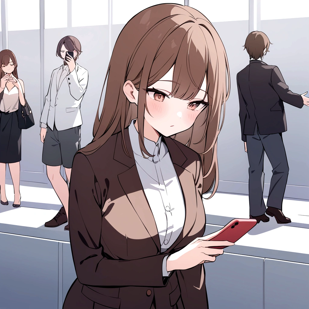 Looking at your phone,Girl with unrequited love,Brown hair long,Waiting for a line from someone I like,8K,Ultra-fine,