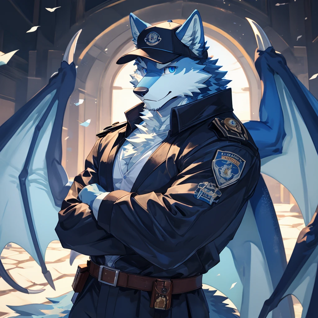Masterpiece, Solo, Furry Light Blue Wolf, Light Blue Fur,Dark Blue Eyes, Dragon Wings, Bulking Body, Cool Pose, Charming, Handsome, Good Looking, cap, holding cat ,