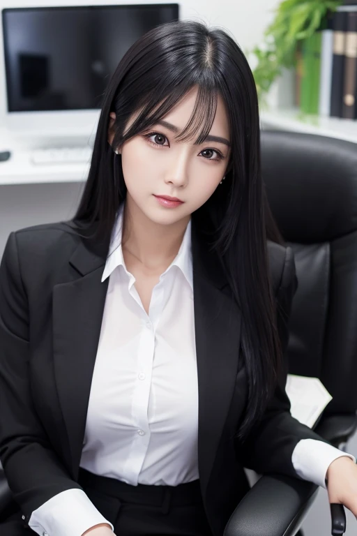 beautiful adult woman, (black hair:1.1), shiny hair, long hair,
straight hair, slant eyes, sharp eyes, sitting chair,
black jacket, computer, business suit, white shirt, at office