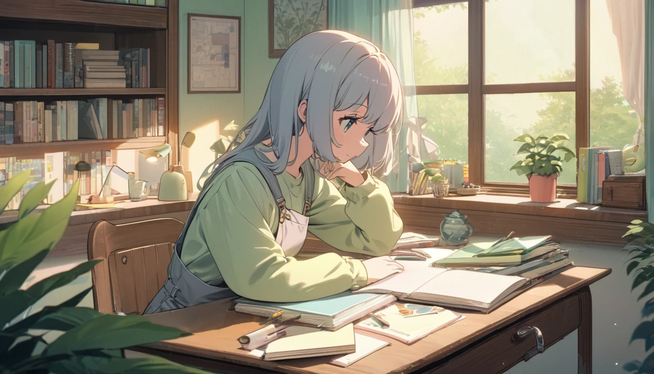 A tranquil, 1980s-style room designed for a YouTube Lofi music channel. The scene includes a cute, anime-style girl with a serene expression sitting at a desk, studying, viewed from the side. The room is cozy and charming, with wooden furniture, bookshelves filled with books, and a large window letting in natural light. Outside the window, a lush, green garden is visible. The girl is surrounded by study materials, including notebooks, pencils, and a lamp. Soft, pastel colors dominate the scene, creating a soothing and peaceful atmosphere. There are hints of everyday life, such as a cat sitting on the windowsill and a cup of tea on the desk. The overall vibe is relaxed and focused, perfect for a Lofi music channel. The artwork should have a high level of detail and clarity.