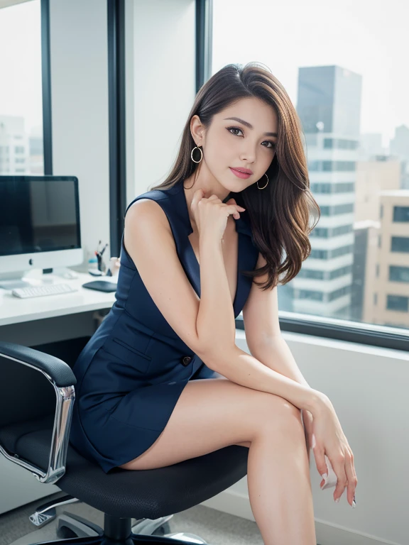 The best quality in the best condition, Realistically, Very detailed, About pubic hair, High resolution, 8k wallpaper, One beautiful woman, Pink wet lips, Light brown messy long hair, wear a dark blue office suit with a short skirt, Perfect dynamic composition, Beautiful Eyes, Delicate hair, Detailed Realistically skin texture, smile, Close-up portrait,(natural pose), (arms down),Model Body Type, Office background with a view of the building, Photo Background, (Full Body Shot, Toes too), Shooting from a distance, (Sit with your legs together),Earrings,necklace,High heels,Sit in an office chair,(Side Shot),