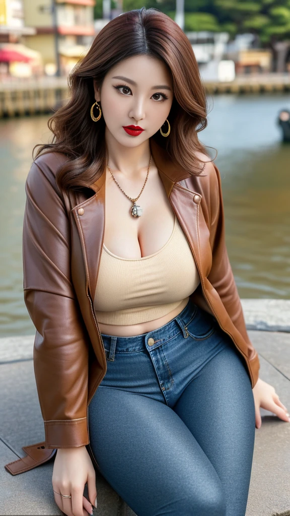 Japanese mature woman, (outdoor seaside background), brown leather jacket (no cleavage), thighs, makeup, (lipstick: 1.1), (eyeliner: 1.2), mascara, eye shadow, outdoor sports, earrings, necklace, (denim leggings), wrinkles at the corners of the eyes, mouth lines, high-necked knitted top, full-body photo, standing 35 years old, big eyes, elegant temperament, (masterpiece: 1.2, best quality), real, (real situation, 45 years old, exquisite details, depth of field, high-necked clothes), meticulous, very detailed content, this is a perfect face, perfect figure, big model, mature woman, 8K, best quality, masterpiece, ultra-high resolution, (real: 1.4), original picture, stay focused, rich details, drama, exquisite beauty, long curly hair, dynamic angle, (red lips), exquisite graphics, sneakers, casual sexy pose
