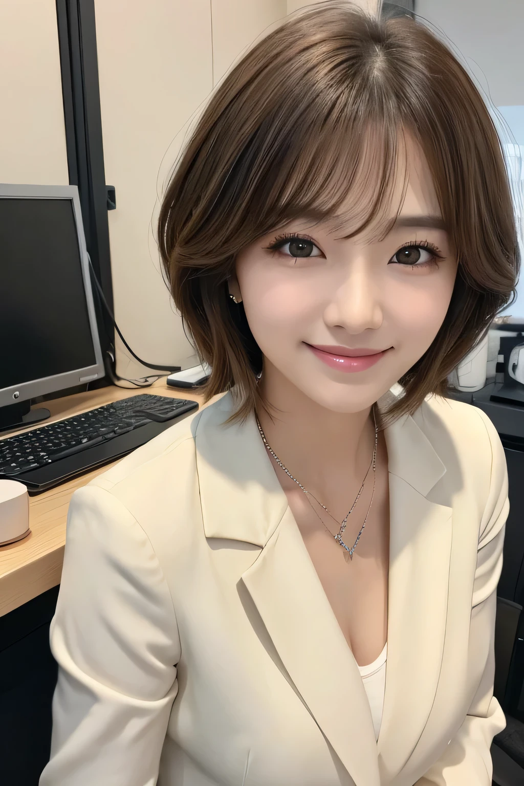 Beautiful young woman、 Light brown hair、、Wavy Hair、Short Haircut、Working in front of a computer、Necklace around the neck、Office Lady Suits、Jacket、Unbuttoned shirt、Flashy makeup、smile、Beautiful teeth alignment、short hair、Intricate details, Very detailed:1.2), 、 Looking into the camera,The background is the office、Necklace around the neck、Dark eyeliner、ear piercing