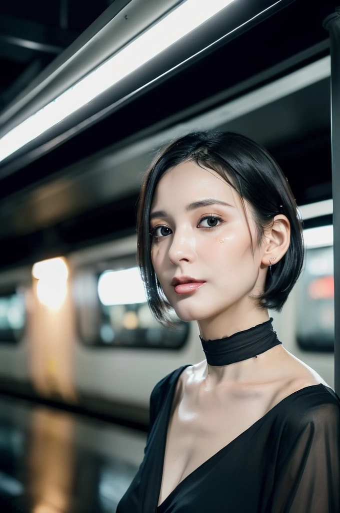 (((Ultimate Photorealistic, ultimate high-quality 32k photo))),(((Front-on photo、cowboy-shot photo, looking at viewer))),(((( Seductive pose, 7 heads、Staring Intently :1.8)))),(((A pure white business blouse with a wide V-neck and extremely thin fabric., Soaking wet、She is looking straight at the camera with a very shy look on her face.。light makeup、elegant black wet middle bob。Classy black choker:1.4)))。((Highest quality)), ((masterpiece)), (((detailed))), (midnight ,A modern train station platform in Tokyo on a dark, pouring, stormy night, Low Key Lighting:1.6)、(((A very beautiful, extremely elegant and intelligent 39-year-old Japanese woman。Very intelligent and plump。An extremely elegant, calm and modest smile, Being drunk、My eyes are quite watery、I'm very horny、embarrassed ,blush, Curvy Body、Extremely realistic, detailed and beautiful depiction of the face and waist:1.9)))、(((The skin is white and very smooth。A very hot rainy summer night、I'm pretty sweaty、My clothes were soaked and pretty see-through.、When wet, it sticks tightly to the skin, revealing the beautiful lines of the body.、Through the extremely thin fabric, her skin and her navy blue, lacy, high-end underwear are clearly visible.:1.9)))。(((A simple and elegant business pencil skirt in a plain navy blue knee-length,The clothes fit the body very well:1.8))), ((Healthy Body、The line of the chest, collarbone and décolletage are extremely beautiful.:1.9))。(((large&good hips、large&nice chests )))