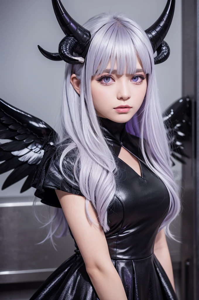 Silver hair, black ram horns, purple eyes, black dress, black wings