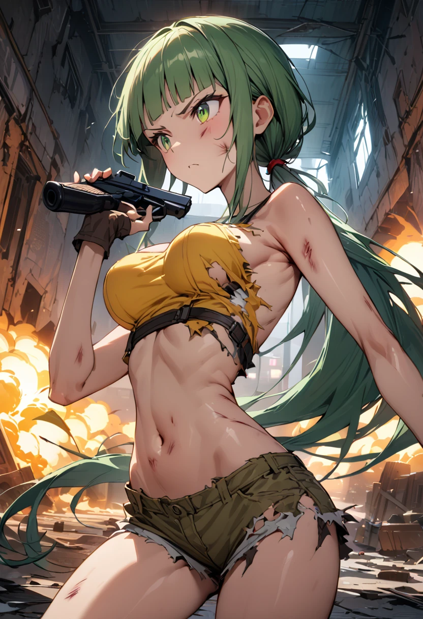 Action Scenes、((masterpiece,Highest quality:1.3)),cowboy shot,1woman,30 year old beauty、Investigator、独奏,(very small head:1.3),green hair,(low ponytail),long hair,blunt bangs,green eyes,gorgeous eyes,Serious expression、medium breasts,(very long body:1.2),(toned body,slender body,skinny),gleaming skin,shiny skin,oily skin,(Injury、Torn clothes),Yellow micro shorts,Yellow tube top shirt、navel、A precisely rendered handgun in one hand、Run、Tracking、Inside an abandoned building、explosion、World of Blade Runner、