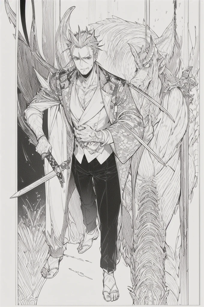 masterpiece, 1boy, silver hair, spiky hair, two blue horns on his forehead, a dragon tattoo from his forehead to his temple, a teardrop under his right eye, a single-layered suit, a kimono, slender macho men, and carries a sword on his back.