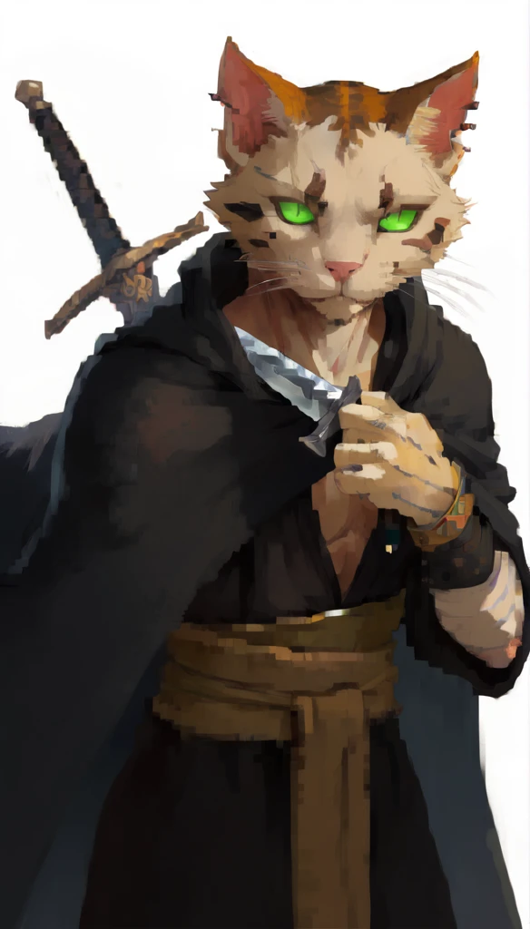 score_9, score_8_up, score_7_up, (clear simple background, white background, papyrus background), ((tabaxi), anthro, solo, female, (portrait), (focus), (holding, assin, rogue), ((wearing dark robe, cape)), (cat fur)), beautiful, silver digger, shiny silver knife, damaged cat ear, tabaxi damaged ear, torn feline ear, battle scars on ear, sword cross-guard, old sword guard, (damaged in battel guard:0.5), scars, scars stripes, scars marks, battle scars, claw scars marks, ((damaged eye:1.3)), ((demon eye:1.3)), ((earrings, ear jewelery))