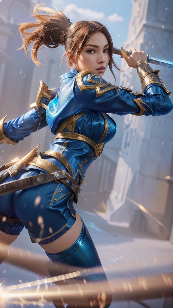 beautiful- style image of a woman with a sword in a blue outfit, official splash art, extremely detailed artgerm, ig model | artgerm, ashe, splash art, orianna, league of legends splashart, wallpaper splash art promo art, style artgerm, lux from league of legends, league of legends splash art, artgerm lau