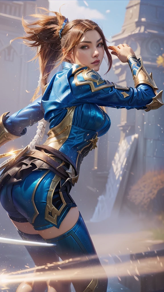 beautiful- style image of a woman with a sword in a blue outfit, official splash art, extremely detailed artgerm, ig model | artgerm, ashe, splash art, orianna, league of legends splashart, wallpaper splash art promo art, style artgerm, lux from league of legends, league of legends splash art, artgerm lau