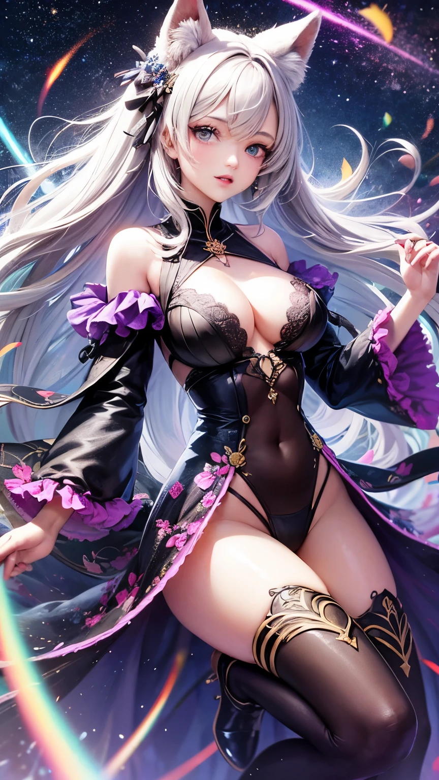 Highest quality, Super quality, 16K, Incredibly absurd, Very detailed, 2.5D, delicate and dynamic, Small faint lights and flying fireflies, night, Starry Sky, milky way, nebula, shooting star,,erotic, sole sexy lady, healthy shaped body, 22 years old lady, 170cm tall, huge firm bouncing busts, Colorful stripes of light, A long dress with a complex structure, Colorful dress, arctic fox, Fox Dance