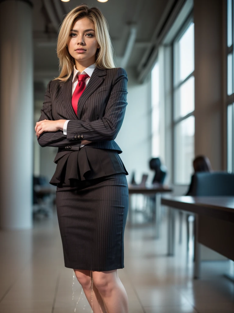 (masutepiece,High quality,16k:1.1),(depth of fields:1.3) ,((front body:1.35)), Ukrainian ,Woman, blonde,makeup,((business suit, black vertical striped pencil skirt )), voluptuous, thicc,(arms crossed:1.5) (wetting herself:1.5), (desperation:1.75),standing ,necktie peeing self, wetting her clothes