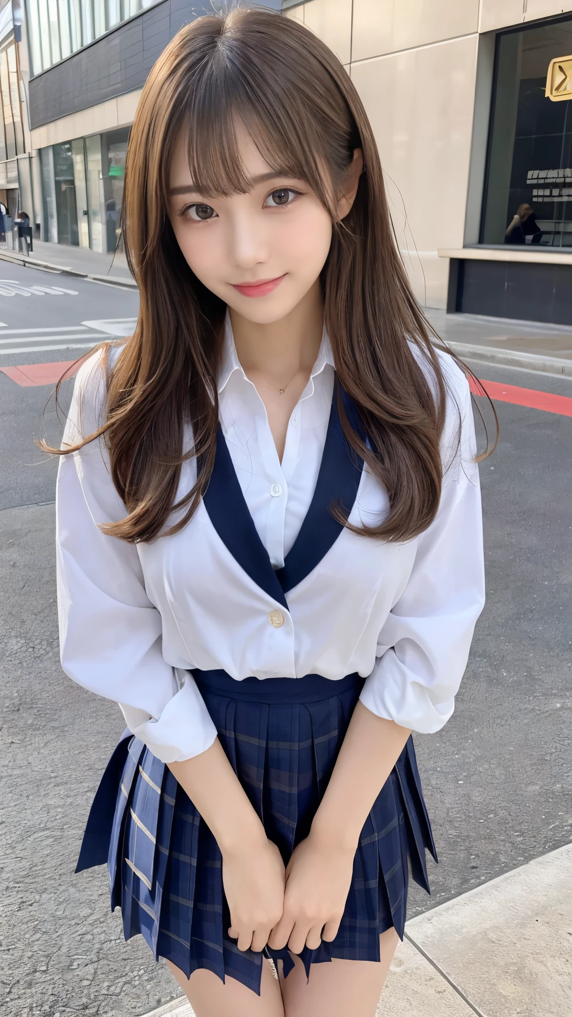 (Detailed skin:1.2),(Shiny skin:1.1),8K,Highest quality, masterpiece, Ultra-high resolution,(Realistic:1.4), RAW Photos,(Soft saturation:1.3),(Fair skin:1.2),Japanese Idols,repair,20 years, Light brown hair, (Long Hairstyles:1.2), Asymmetrical Hair, Asymmetrical bangs (Pretty face:1.4), (Large Breasts, Tight waist), Beautiful lighting, Small Head, (Student Uniform:1.2,),Highly detailed face, Highly detailed lips, fine grain, double eyelid,(Full Body Shot), Browsing Caution, (Sharp focus: 1.2), (Perfect Anatomy、Beautiful woman with perfect figure: 1.2)、Exposing cleavage、Random sexy poses,Accentuate your leg lines、Smiling
