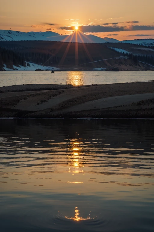 Create an illustration of a vacation on Lake Baikal , with the sun setting over the horizon