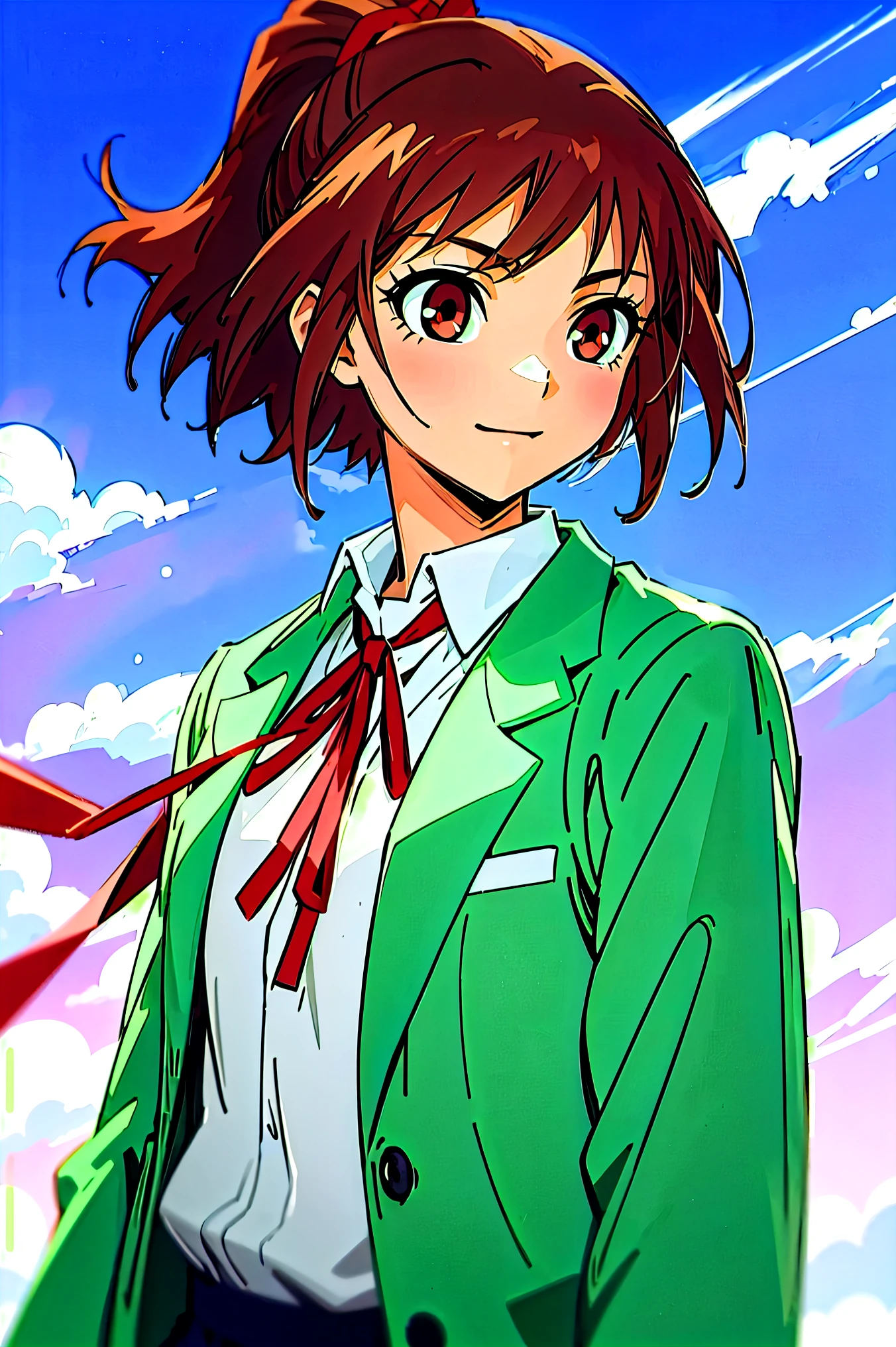 (masterpiece, best quality:1.2), samidare asahina, 1girl, brown eyes, brown hair, jacket, long sleeves, neck ribbon, red sky, dawn, ponytail, red ribbon, ribbon, rose garden, shirt, short hair, solo, white shirt, (anime, high details, super detail:1.55)