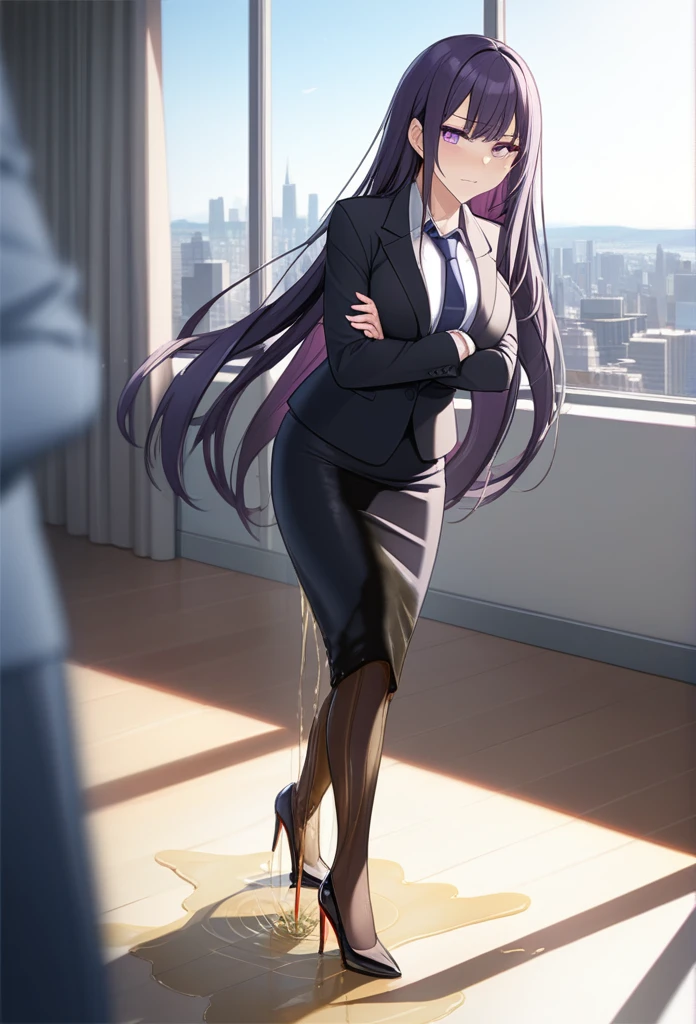 (masterpiece:1.37), best quality, (extremely detailed:1.37), office, window overlooking a bustling cityscape, woman, (mature:1.75), (very long hair:1.25), dark purple hair, purple eyes, (extremely detailed eyes:1.37) shining eyes, breasts, business suit, necktie, (very long pencil skirt:1.5), pantyhose, (wetting herself:1.5), standing, (arms crossed:1.5), (desperation:1.75), dignified, stoic expression, full body, high heels, day, daytime, glow, looking at viewer, perfect composition, Perfect light and shadow, 8K