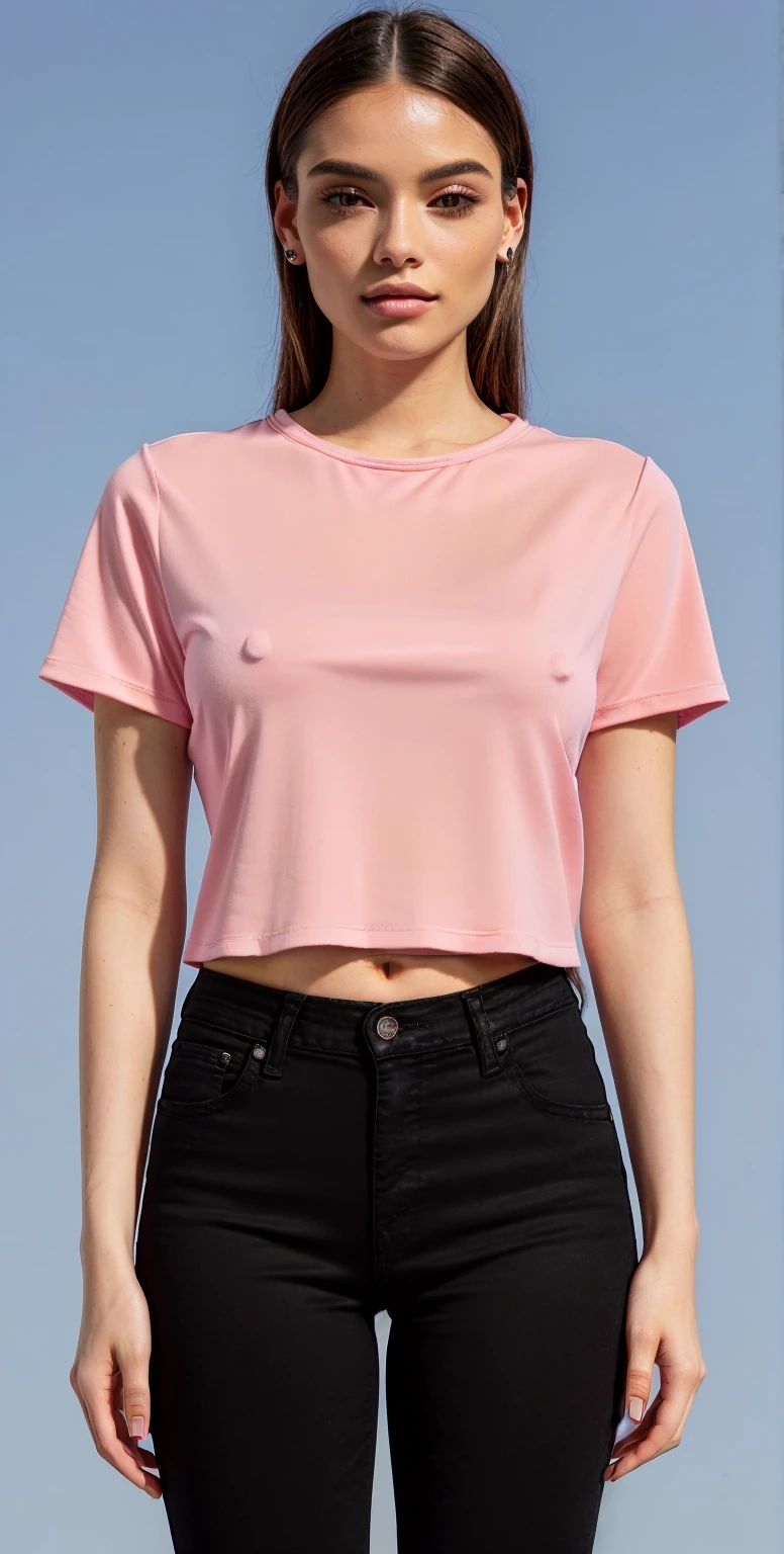 a woman wearing a pink top and black jeans, top cut, top cut, wearing a cropped tops, wearing top cut, wearing a top cut, wearing a cropped top, manga curta, faded pink, pink pastels, casual outfit, usando um top cropped sexy, Physicist : smallest belly ever, pink blouse, pink pastels skin tone, pink light