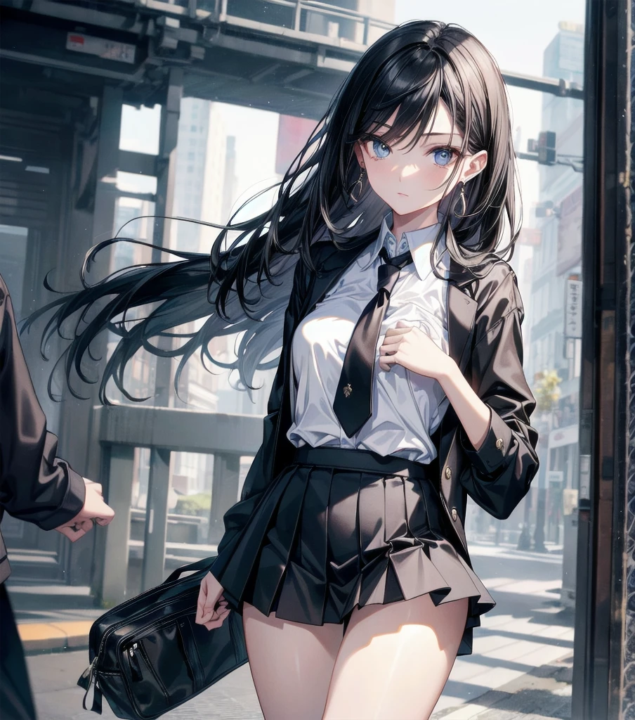 absurdres, RAW photo, extremely delicate and beautiful, masterpiece, Best Quality, ultra high resolution, 32k, hyperrealistic, ultra-detailed, perfect anatomy, super Detailed skin, perfect figure, Japanese woman, late 20s, very Slim body, narrow waist, very small head, handsome detailed woman, very detailed eyes and face, realistic face proportions, Stunning detailed eyes, Realistic beautiful face, very small face, Realistic small beautiful eyes, tearful mole, earring, beautiful and very thin legs, beautiful and very thin thighs, (very huge round breasts), medium hair, black hair, whole body shot, ((school_uniform)),