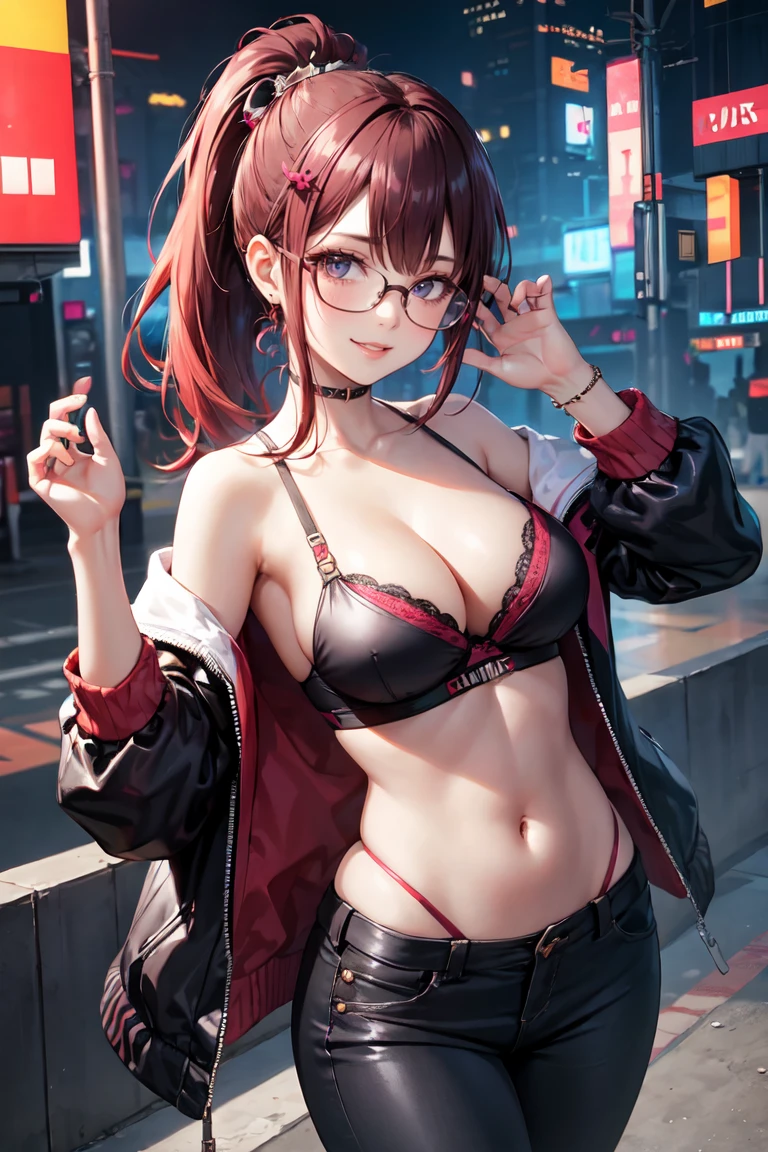 Beautiful girl, smile, cyberpunk, ponytail, bust up, hair ornament, open chest clothes, pants, glossy skin, medium breasts, cleavage, poses that show off cleavage, sexy, glasses