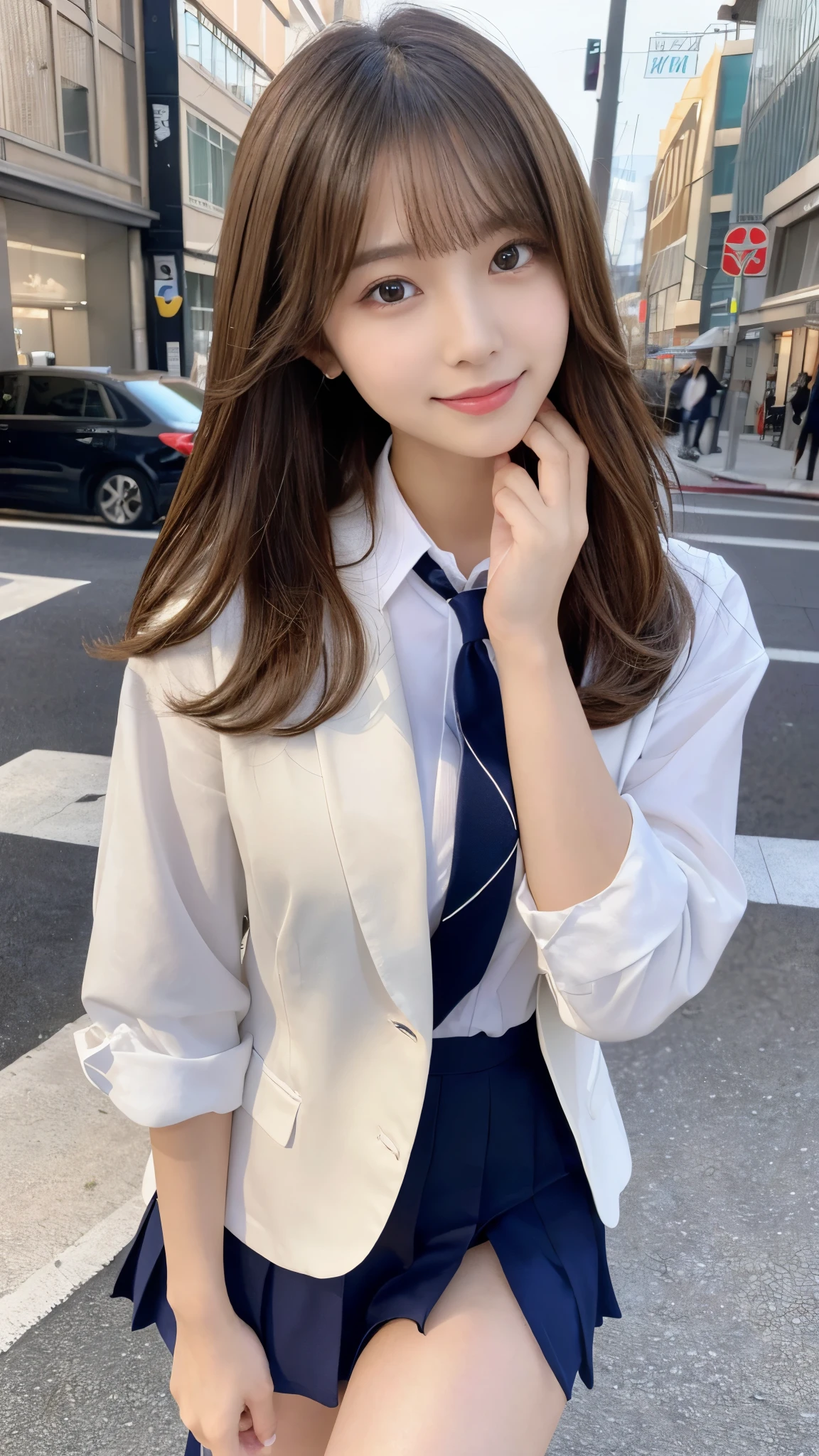 (Detailed skin:1.2),(Shiny skin:1.1),8K,Highest quality, masterpiece, Ultra-high resolution,(Realistic:1.4), RAW Photos,(Soft saturation:1.3),(Fair skin:1.2),Japanese Idols,repair,20 years, Light brown hair, (Long Hairstyles:1.2), Asymmetrical Hair, Asymmetrical bangs (Pretty face:1.4), (Large Breasts, Tight waist), Beautiful lighting, Small Head, (Student Uniform:1.2,),Highly detailed face, Highly detailed lips, fine grain, double eyelid,(Full Body Shot), Browsing Caution, (Sharp focus: 1.2), (Perfect Anatomy、Beautiful woman with perfect figure: 1.2)、Exposing cleavage、Random sexy poses,Accentuate your leg lines、Smiling