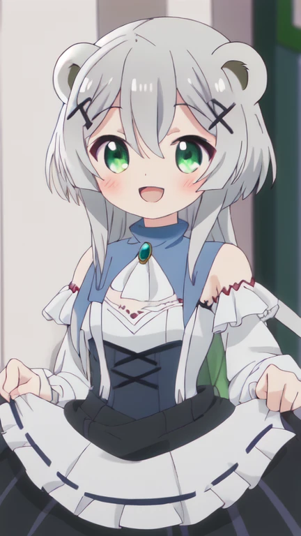 Highest quality, masterpiece, High resolution, alone, {Misaana Farrengram (Kuma Kuma Kuma Bear)}, bangs, green_eye, smile, blush, Open_mouth, One girl, Parody, dress, silver hair,可愛いモノクロdress,