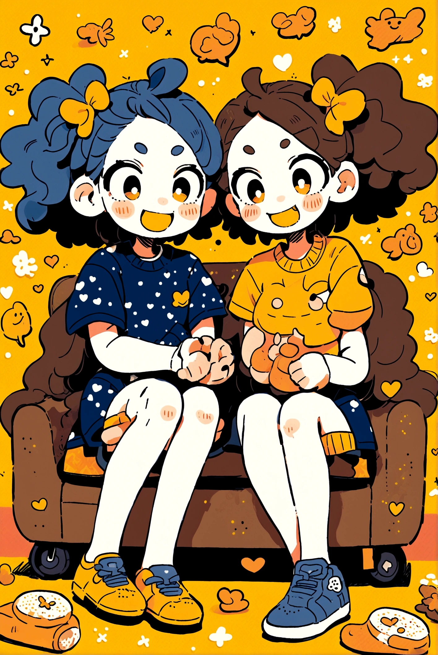 Two sisters seating with each other on the rug on the flour ..Laughing and giggling and having fun.. the first sister is older with black curly hair and black eyes and wearing a yellow dress And The second is with straight brown hair and wearing a purple dress with black chinese eyes.. the background is pastel green with orange hearts