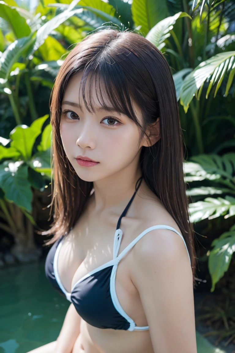 ((スポーツSwimwear:1.3)), Swimwear,Very detailed, Photorealistic portrait of a young Asian woman with long hair, Flowing Hair, Soft natural light, and a calm expression. She is surrounded by lush greenery and flowers.々Surrounded by. High resolution, 8K, Super detailed, Highest quality. ((Upward glance)), ((angle From above: 1. 3)), From above, Looking into the camera,