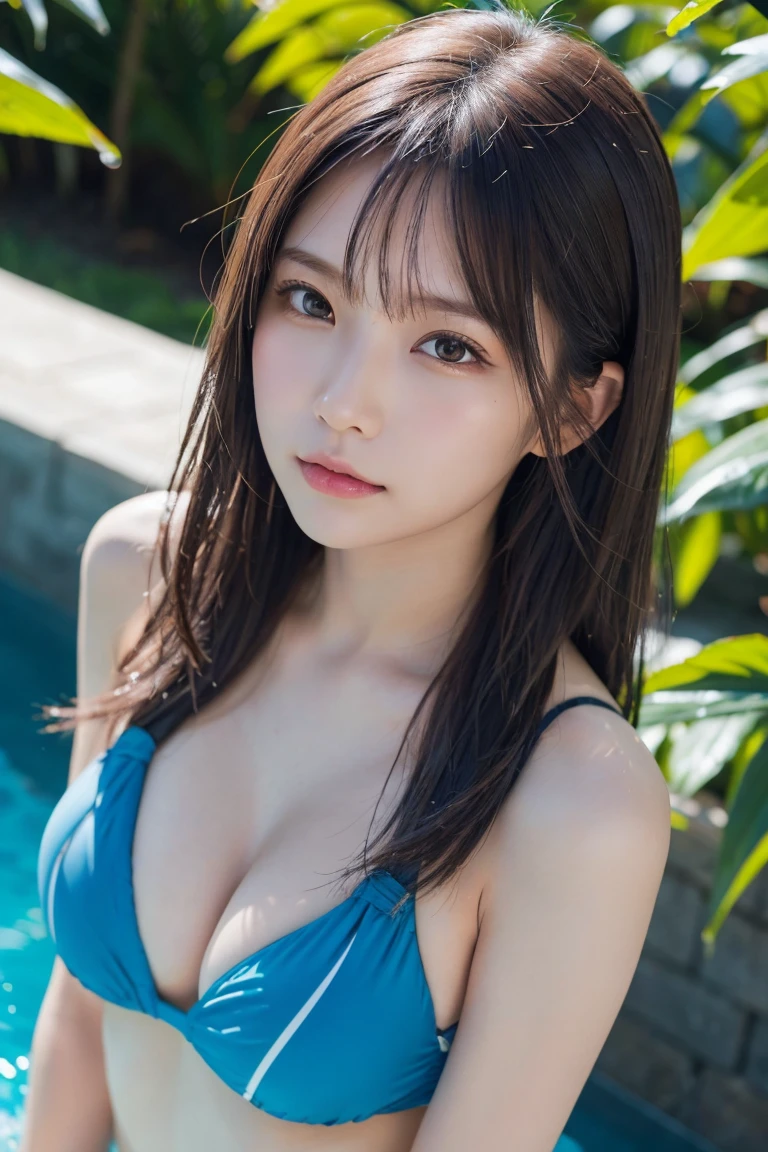 ((スポーツSwimwear:1.3)), Swimwear,Very detailed, Photorealistic portrait of a young Asian woman with long hair, Flowing Hair, Soft natural light, and a calm expression. She is surrounded by lush greenery and flowers.々Surrounded by. High resolution, 8K, Super detailed, Highest quality. ((Upward glance)), ((angle From above: 1. 3)), From above, Looking into the camera,