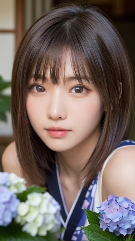 one girl, (a beauty girl, delicate girl:1.3), (16 years old:1.3),
break, (yukata, Japanese folk costume:1.2),
break, (glass vase, hydrangeas:1.2),
break, very fine eyes, (symmetrical eyes:1.3),
break, (big breasts:1.1), brown eyes, parted bangs, brown bobcut hair,
break, (eyes and faces with detailed:1.0),
break, (masterpiece, best quality, ultra detailed, detailed face, 8k)
