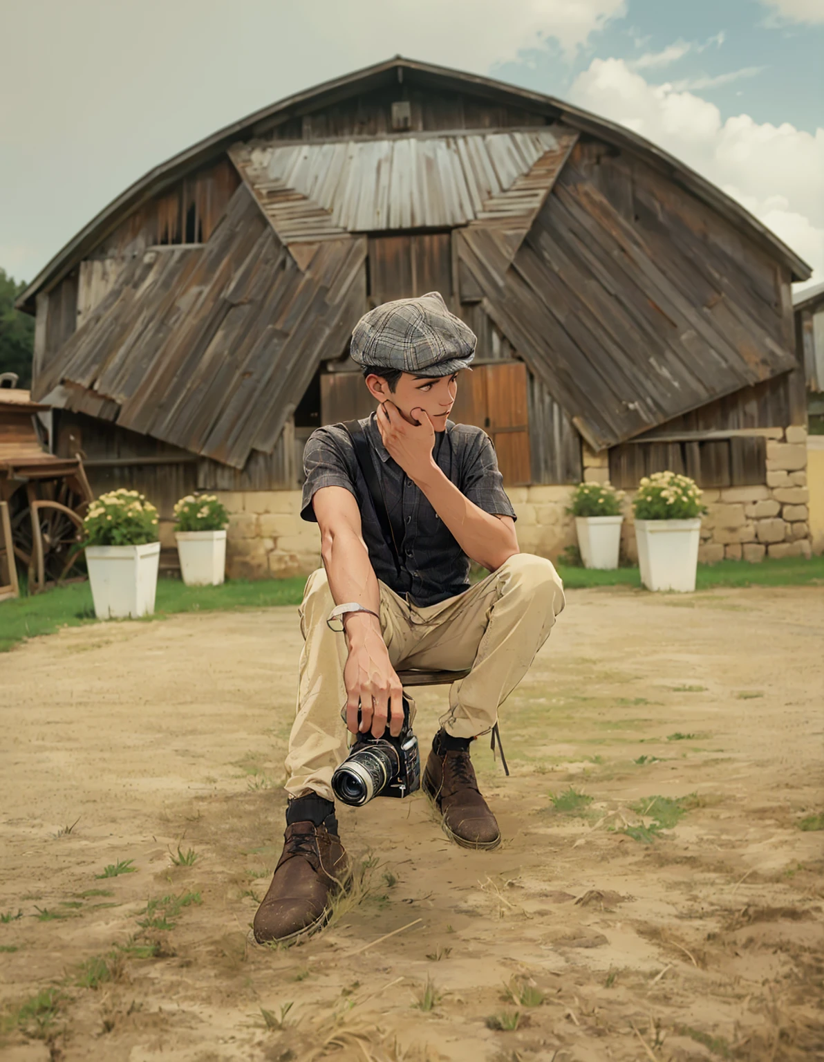 (Best quality,A high resolution,Ultra-detailed,Realistic:1.2),a young man holding a camera, wearing newsboy hat, vintage look, outfit, at outside barn house, country side, warm tone, photography（promotional poster）。