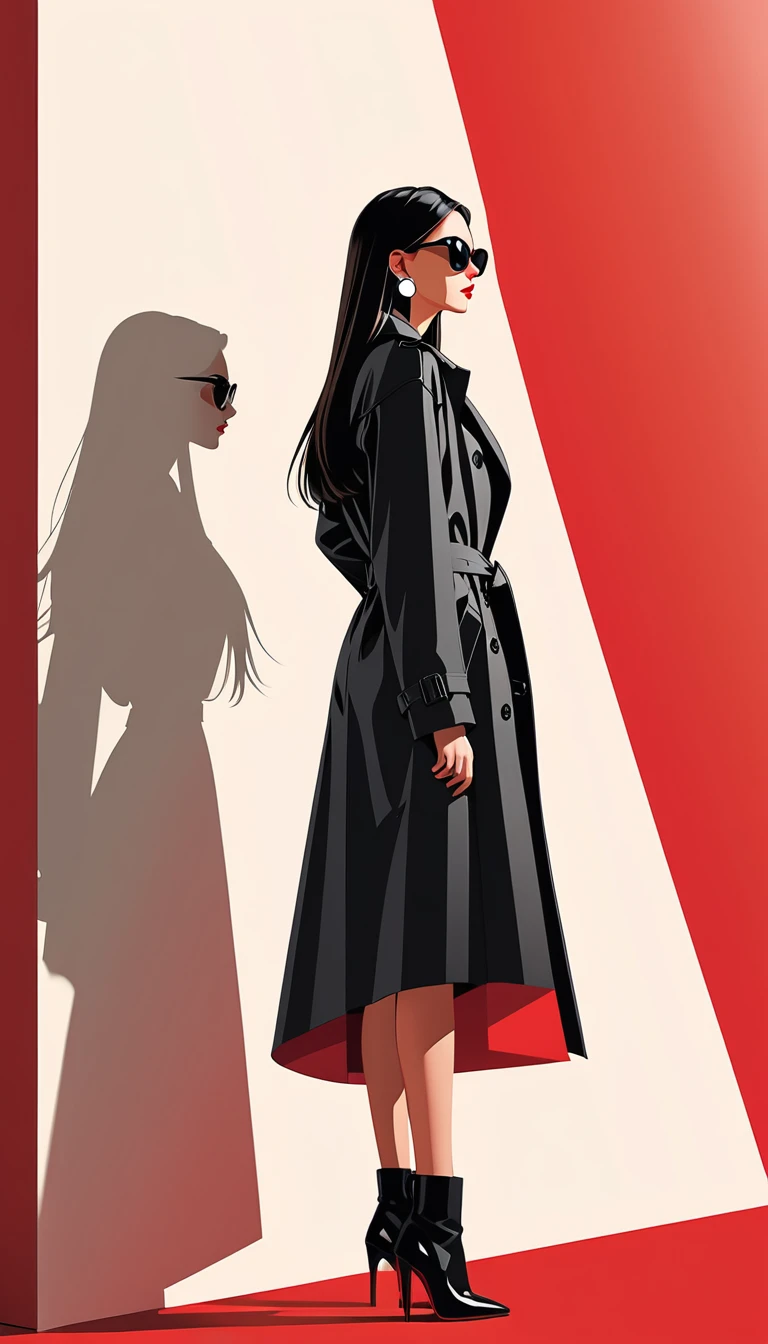 Simple vector illustration,Beautiful girl standing against the wall,unique,confidence,Long straight hair,sunglasses,Exaggerated earrings,unique,Staring at the audience),(Black deep V trench coat:1.37,Red bottoming skirt)。Looking from the bottom up,Geometric Light and Shadow,Clean and simple red background,Motion blur afterimage