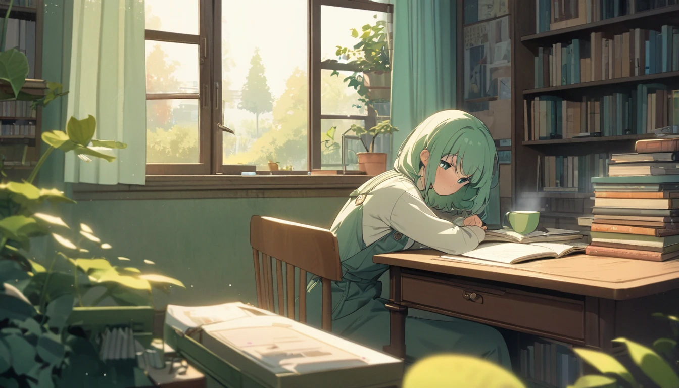 A tranquil, 1980s-style room designed for a YouTube Lofi music channel. The scene includes a cute, anime-style girl with a serene expression sitting at a desk, studying, viewed from the side. The room is cozy and charming, with wooden furniture, bookshelves filled with books, and a large window letting in natural light. Outside the window, a lush, green garden is visible. The girl is surrounded by study materials, including notebooks, pencils, and a lamp. Soft, pastel colors dominate the scene, creating a soothing and peaceful atmosphere. There are hints of everyday life, such as a cat sitting on the windowsill and a cup of tea on the desk. The overall vibe is relaxed and focused, perfect for a Lofi music channel. The artwork should have a high level of detail and clarity.