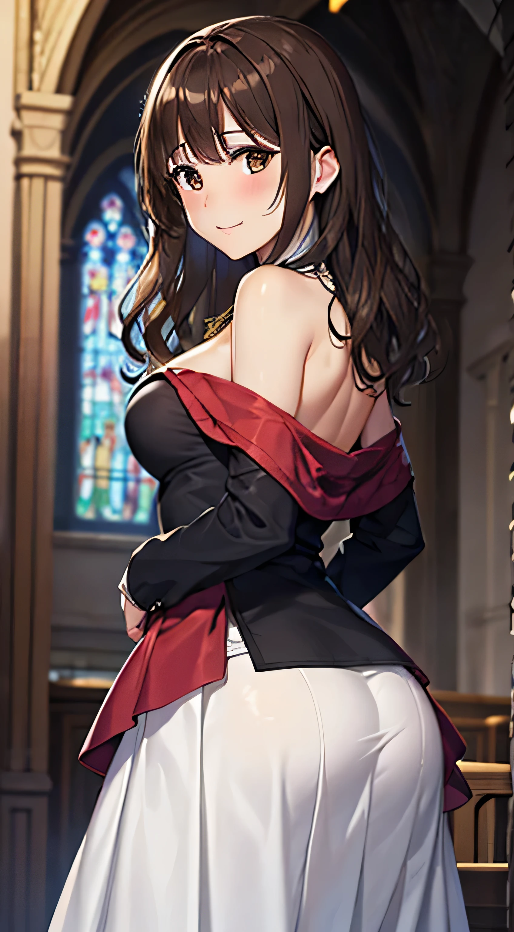 ((Tabletop, Highest quality, High resolution, , Pixel Perfect, 4K,))), 1 female, 、The whole body is visible、 ((Long Wavy Hair, bangs, Brown Hair)), ((Brown eyes, Beautiful eyelashes, Realistic eyes)), ((Detailed face, Blushing:1.2)), ((Smooth texture:0.75, Realistic texture:0.65, Realistic:1.1, Anime CG Style)), Medium sized breasts, Dynamic Angle, Perfect body, (( , , Beautiful Priest、、 Priest off-shoulder jacket、Pleat Long Flare Skirt、、)), Gold Hair Ornament、Cross Necklace、、Very embarrassing panic smile, 、Gorgeous church basilica、、、、Hold a big Bible、、、、Lace panties are visible、Bring your arms together、Stick your butt out、、、 、Angle from below)、