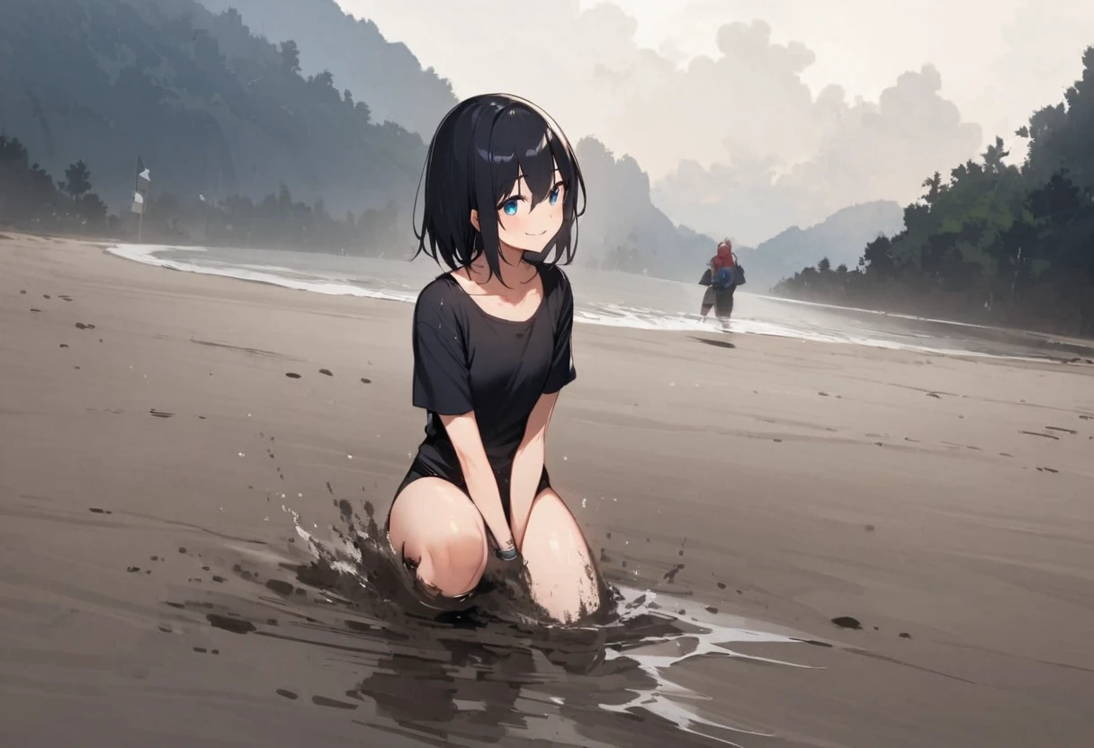 tideland、null、Black T-shirt、Black Swimsuit、Short black hair、Thighs、Girl、Girl、Short、Younger、Lower school year、Baby Face、Both eyes open、flat chest、bright、Innocence、smile、Dynamic Angle、Beach、My feet are covered in mud、There's a little bit of mud on my face、sunlight、masterpiece、best quality、ultra-detail、Seaside、Sandy Beach、Sweat、Friends、event