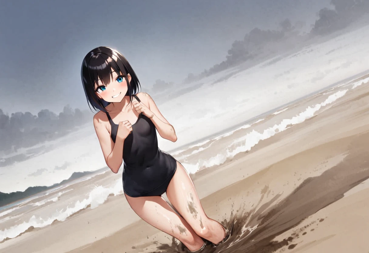 tideland、null、Black T-shirt、Black Swimsuit、Short black hair、Thighs、Girl、Girl、Short、Younger、Lower school year、Baby Face、Both eyes open、flat chest、bright、Innocence、smile、Dynamic Angle、Beach、My feet are covered in mud、There&#39;s a little bit of mud on my face、sunlight、masterpiece、best quality、ultra-detail、Seaside、Sandy Beach、Sweat、Friends、event
