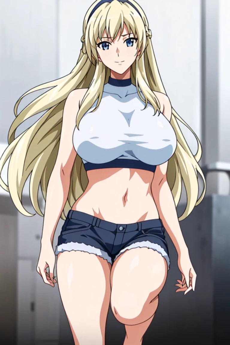 Simple White Background,
navel,halterneck,crop top,bare shoulders,
bangs,blonde hair,hair between eyes, hairband, long hair,Blue_Eyes,
1 girl, 20yo,Young female,Beautiful Finger,Beautiful long legs,Beautiful body,Beautiful Nose,Beautiful character design, perfect eyes, perfect face,expressive eyes,perfect balance,
looking at viewer,(Focus on her face),closed mouth, (innocent_big_eyes:1.0),Light_Smile,
official art,extremely detailed CG unity 8k wallpaper, perfect lighting,Colorful, Bright_Front_face_Lighting,shiny skin,
(masterpiece:1.0),(best_quality:1.0), ultra high res,4K,ultra-detailed,
photography, 8K, HDR, highres, absurdres:1.2, Kodak portra 400, film grain, blurry background, bokeh:1.2, lens flare, (vibrant_color:1.2),professional photograph,
(Beautiful,large_Breasts:1.4), (beautiful_face:1.5),(narrow_waist), shorts, running
