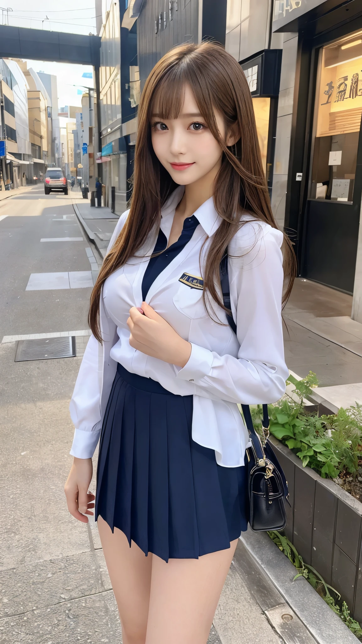 (Detailed skin:1.2),(Shiny skin:1.1),8K,Highest quality, masterpiece, Ultra-high resolution,(Realistic:1.4), RAW Photos,(Soft saturation:1.3),(Fair skin:1.2),Japanese Idols,repair,20 years, Light brown hair, (Long Hairstyles:1.2), Asymmetrical Hair, Asymmetrical bangs (Pretty face:1.4), (Large Breasts, Tight waist), Beautiful lighting, Small Head, (Student Uniform:1.2,),Highly detailed face, Highly detailed lips, fine grain, double eyelid,(Full Body Shot), Browsing Caution, (Sharp focus: 1.2), (Perfect Anatomy、Beautiful woman with perfect figure: 1.2)、Exposing cleavage、Random sexy poses,Accentuate your leg lines、Smiling