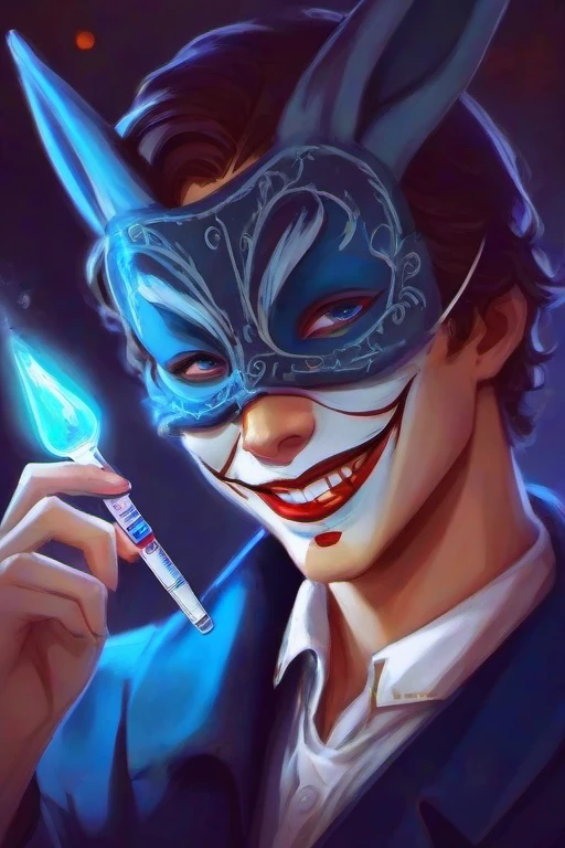 Surgeon, wide open eyes, crazy, holding scalpel, holding syringe with glowing blue juice, wide smile,.blood on coat, male, 1940s, masquerade mask, bunny masquerade mask