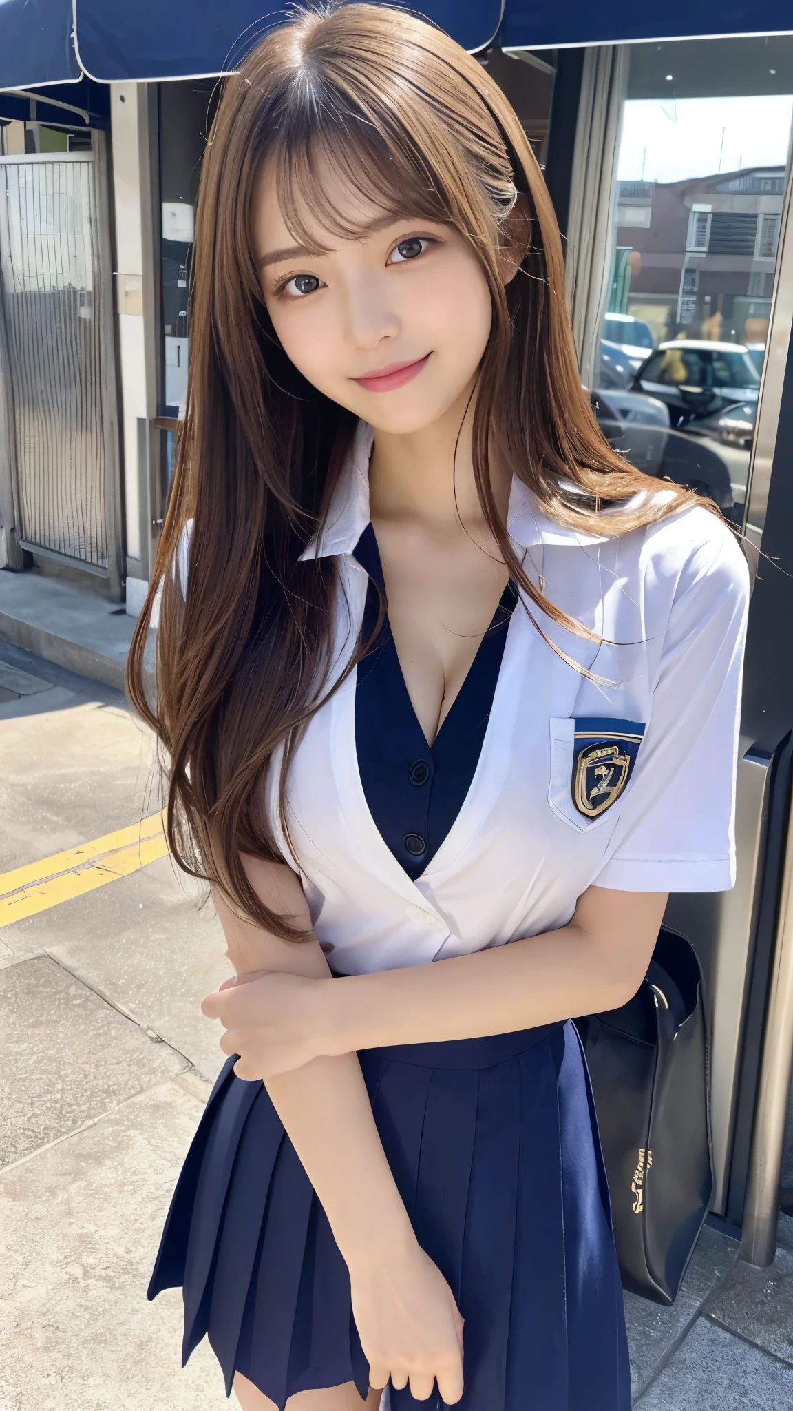 (Detailed skin:1.2),(Shiny skin:1.1),8K,Highest quality, masterpiece, Ultra-high resolution,(Realistic:1.4), RAW Photos,(Soft saturation:1.3),(Fair skin:1.2),Japanese Idols,repair,20 years, Light brown hair, （Long Hairstyles:1.2), Asymmetrical Hair, Asymmetrical bangs (Pretty face:1.4), (Large Breasts, Tight waist), Beautiful lighting, Small Head, (Student Uniform:1.2,),Highly detailed face, Highly detailed lips, fine grain, double eyelid,（Full Body Shot）, Browsing Caution, （Sharp focus: 1.2）, （Perfect Anatomy、Beautiful woman with perfect figure: 1.2）、Exposing cleavage、Random sexy poses，Accentuate your leg lines、Smiling