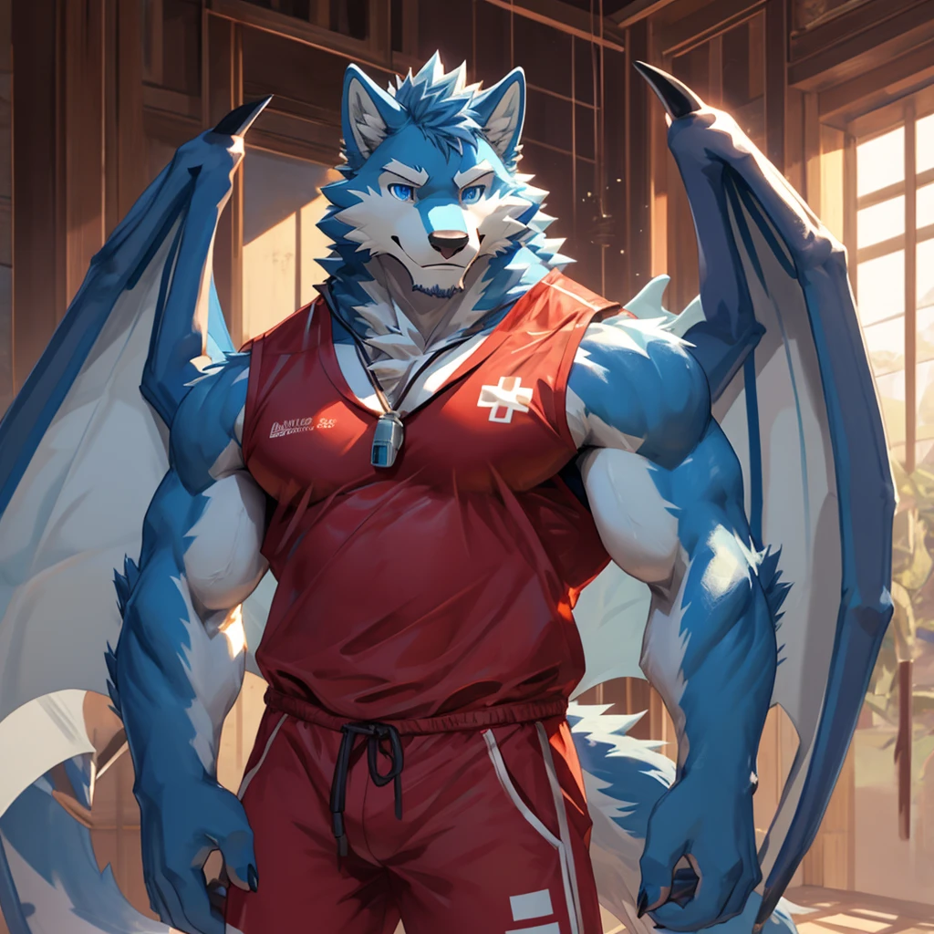 Masterpiece, Solo, Furry Light Blue Wolf, Light Blue Fur,Dark Blue Eyes, Dragon Wings, Bulking Body, Cool Pose, Charming, Handsome, Life Guard outfit
