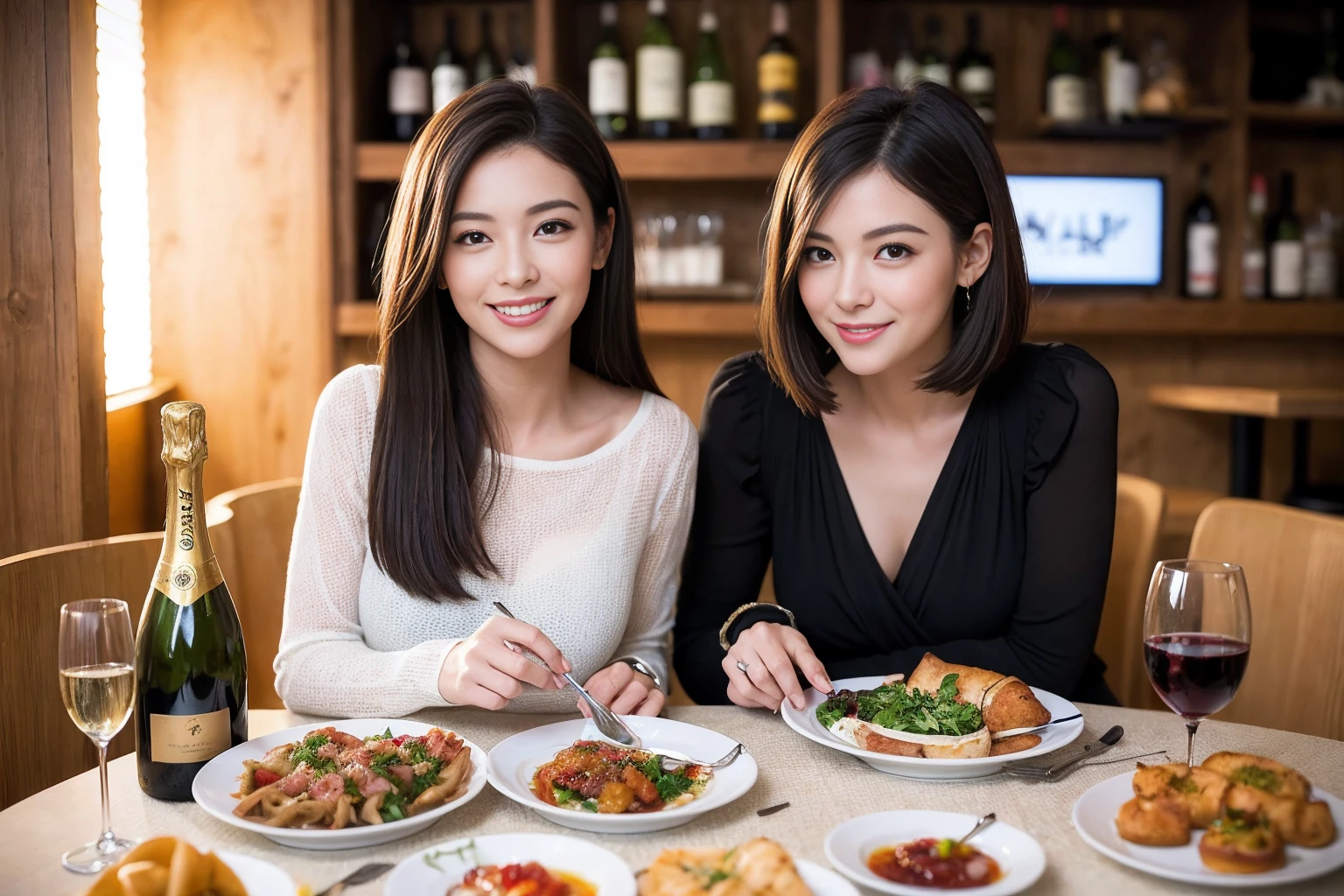 ((Highest quality、、masterpiece:1.3))、1 male、1 female、Slim lover、Beautiful couple、smile、full-course dinner、 (Slim face), (the body is スリム), (Brown Hair), (Shortcuts), ((Bob Hale、Straight hair:1.2)), テーブルの上のwine glass、Shine light on your face、 Amazing view of the sunset sky and clouds、smileの美しさ、Bright image、Blushing, Shortcuts, (43 years old), 39 years old, Appetizers、Italian food、Wine bottle、Champagne、sparkling wine、Long sleeve shirt、dress、Attractive beauty、restaurant, Nova Frog Style, actress, model, Upper Body, White wine, red wine, wine glass,